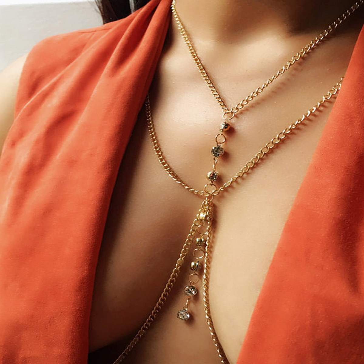 Body Jewelry Chest - Yuvarlak Kristal Göğüs Zinciri Düşük Bel