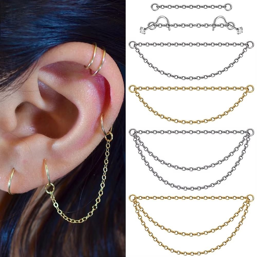 Body Jewelry Ear - Moda Titanyum Burun Zinciri Çift Zincir